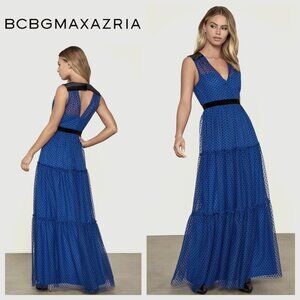 BCBGMAXAZRIA Royal Blue Polka Dot Tulle Maxi Dress in size 4